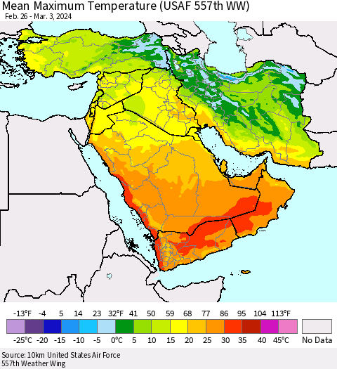 Middle East and Turkey Mean Maximum Temperature (USAF 557th WW) Thematic Map For 2/26/2024 - 3/3/2024