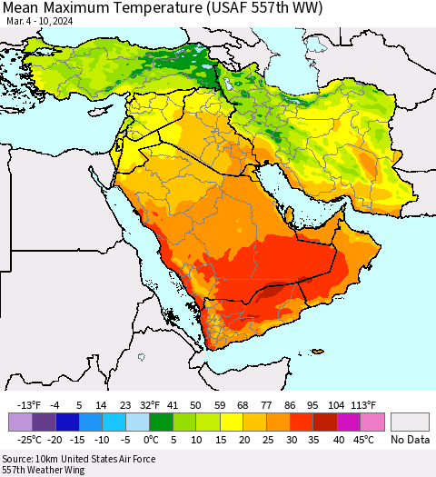 Middle East and Turkey Mean Maximum Temperature (USAF 557th WW) Thematic Map For 3/4/2024 - 3/10/2024