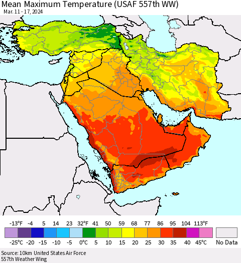 Middle East and Turkey Mean Maximum Temperature (USAF 557th WW) Thematic Map For 3/11/2024 - 3/17/2024