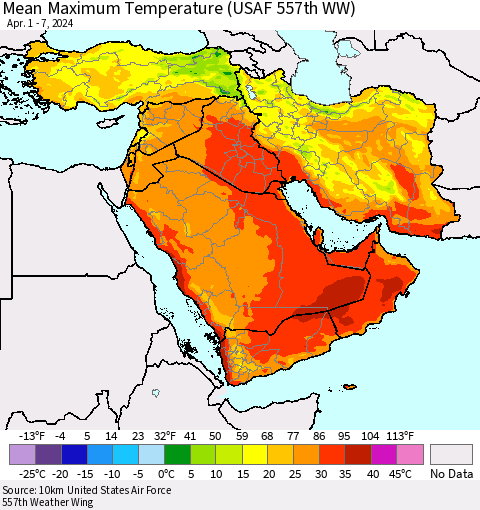 Middle East and Turkey Mean Maximum Temperature (USAF 557th WW) Thematic Map For 4/1/2024 - 4/7/2024