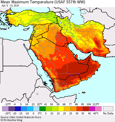 Middle East and Turkey Mean Maximum Temperature (USAF 557th WW) Thematic Map For 4/8/2024 - 4/14/2024