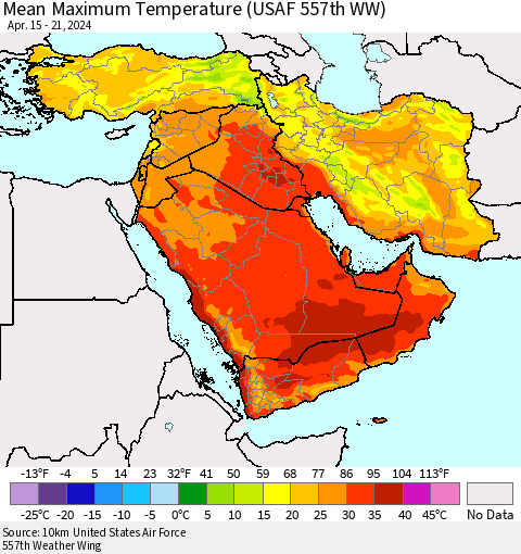 Middle East and Turkey Mean Maximum Temperature (USAF 557th WW) Thematic Map For 4/15/2024 - 4/21/2024