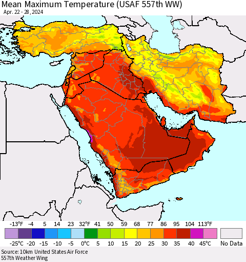 Middle East and Turkey Mean Maximum Temperature (USAF 557th WW) Thematic Map For 4/22/2024 - 4/28/2024