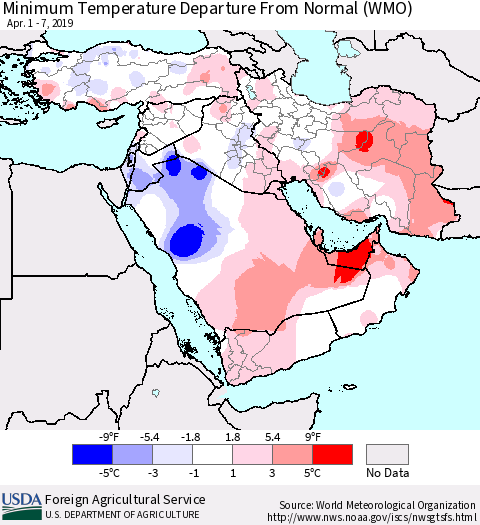 Middle East and Turkey Mean Minimum Temperature Departure from Normal (WMO) Thematic Map For 4/1/2019 - 4/7/2019