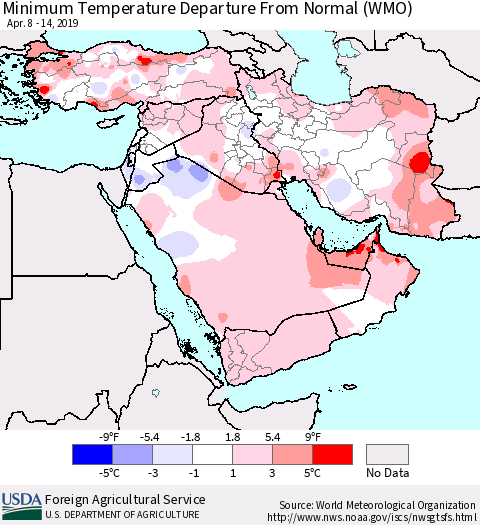 Middle East and Turkey Mean Minimum Temperature Departure from Normal (WMO) Thematic Map For 4/8/2019 - 4/14/2019
