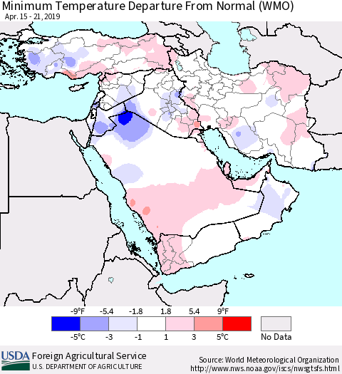 Middle East and Turkey Mean Minimum Temperature Departure from Normal (WMO) Thematic Map For 4/15/2019 - 4/21/2019