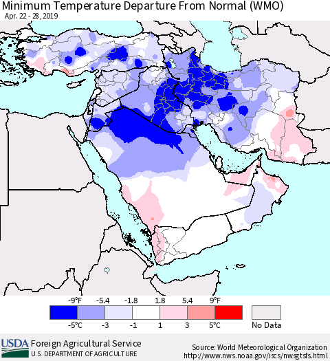 Middle East and Turkey Mean Minimum Temperature Departure from Normal (WMO) Thematic Map For 4/22/2019 - 4/28/2019
