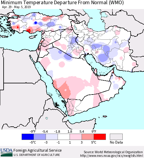 Middle East and Turkey Mean Minimum Temperature Departure from Normal (WMO) Thematic Map For 4/29/2019 - 5/5/2019