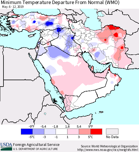 Middle East and Turkey Mean Minimum Temperature Departure from Normal (WMO) Thematic Map For 5/6/2019 - 5/12/2019