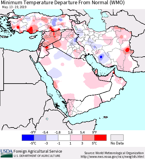 Middle East and Turkey Mean Minimum Temperature Departure from Normal (WMO) Thematic Map For 5/13/2019 - 5/19/2019