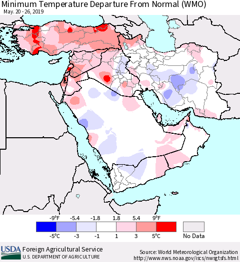 Middle East and Turkey Mean Minimum Temperature Departure from Normal (WMO) Thematic Map For 5/20/2019 - 5/26/2019