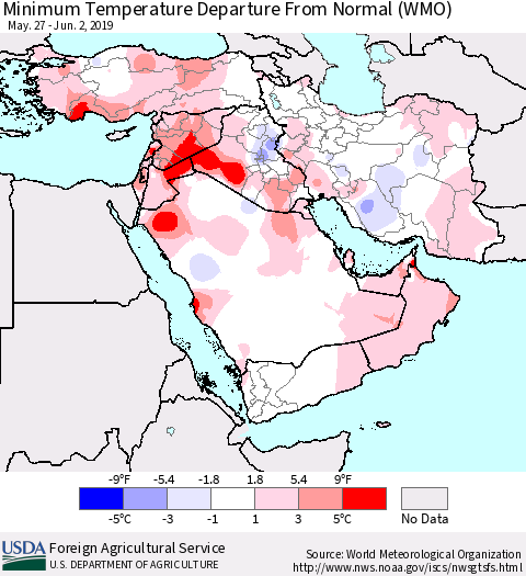 Middle East and Turkey Mean Minimum Temperature Departure from Normal (WMO) Thematic Map For 5/27/2019 - 6/2/2019