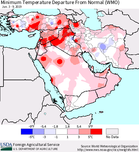 Middle East and Turkey Mean Minimum Temperature Departure from Normal (WMO) Thematic Map For 6/3/2019 - 6/9/2019