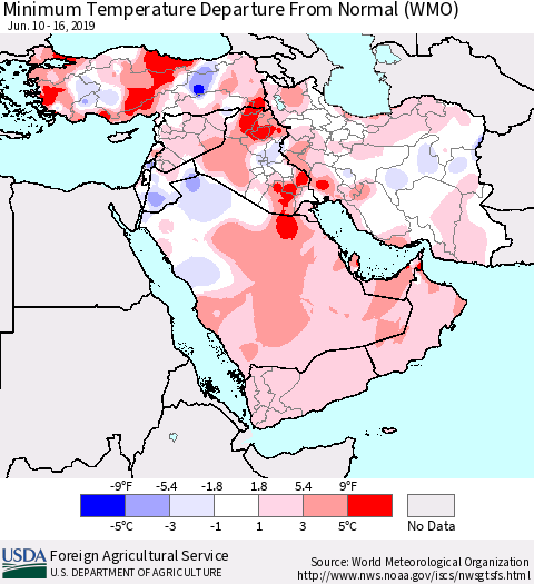 Middle East and Turkey Mean Minimum Temperature Departure from Normal (WMO) Thematic Map For 6/10/2019 - 6/16/2019