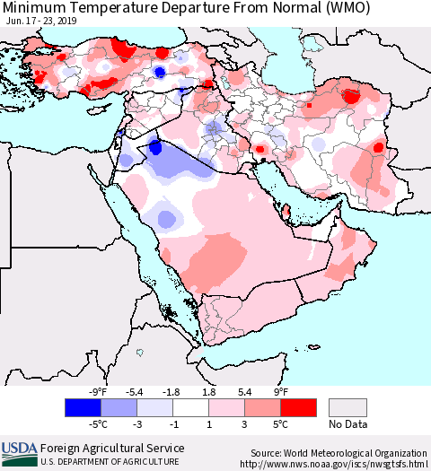Middle East and Turkey Mean Minimum Temperature Departure from Normal (WMO) Thematic Map For 6/17/2019 - 6/23/2019