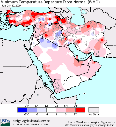 Middle East and Turkey Mean Minimum Temperature Departure from Normal (WMO) Thematic Map For 6/24/2019 - 6/30/2019