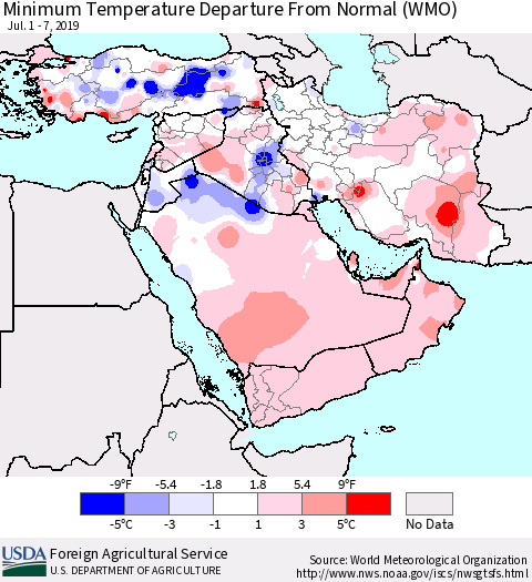 Middle East and Turkey Mean Minimum Temperature Departure from Normal (WMO) Thematic Map For 7/1/2019 - 7/7/2019