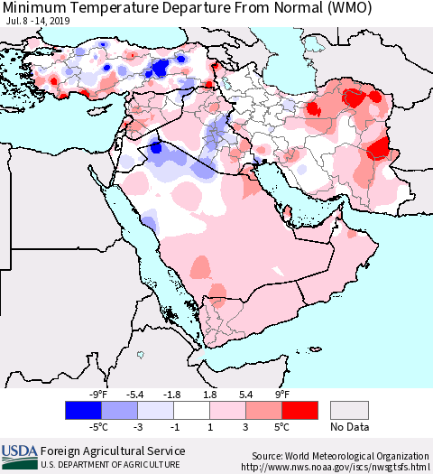 Middle East and Turkey Mean Minimum Temperature Departure from Normal (WMO) Thematic Map For 7/8/2019 - 7/14/2019