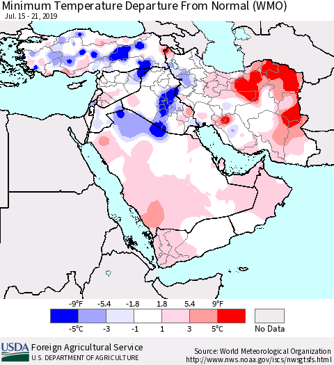 Middle East and Turkey Mean Minimum Temperature Departure from Normal (WMO) Thematic Map For 7/15/2019 - 7/21/2019