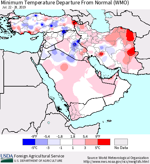 Middle East and Turkey Mean Minimum Temperature Departure from Normal (WMO) Thematic Map For 7/22/2019 - 7/28/2019