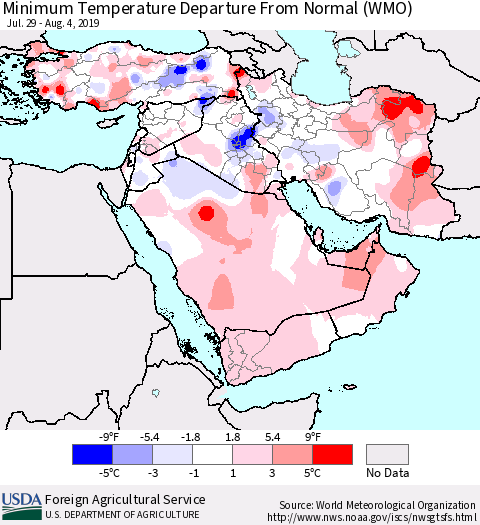 Middle East and Turkey Mean Minimum Temperature Departure from Normal (WMO) Thematic Map For 7/29/2019 - 8/4/2019