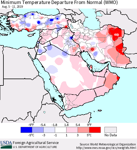 Middle East and Turkey Mean Minimum Temperature Departure from Normal (WMO) Thematic Map For 8/5/2019 - 8/11/2019