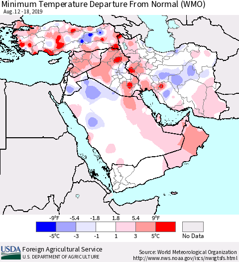 Middle East and Turkey Mean Minimum Temperature Departure from Normal (WMO) Thematic Map For 8/12/2019 - 8/18/2019
