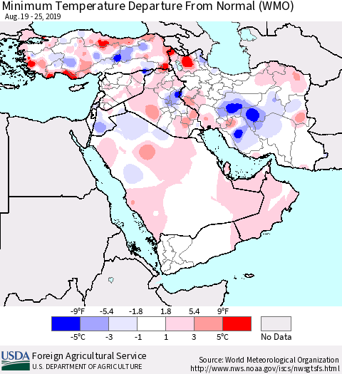 Middle East and Turkey Mean Minimum Temperature Departure from Normal (WMO) Thematic Map For 8/19/2019 - 8/25/2019