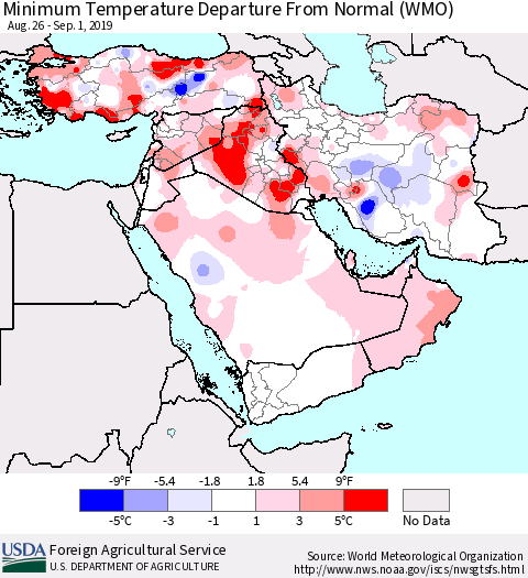 Middle East and Turkey Mean Minimum Temperature Departure from Normal (WMO) Thematic Map For 8/26/2019 - 9/1/2019