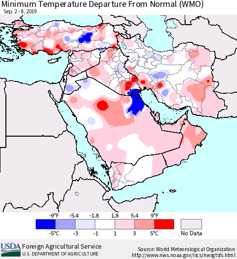 Middle East and Turkey Mean Minimum Temperature Departure from Normal (WMO) Thematic Map For 9/2/2019 - 9/8/2019