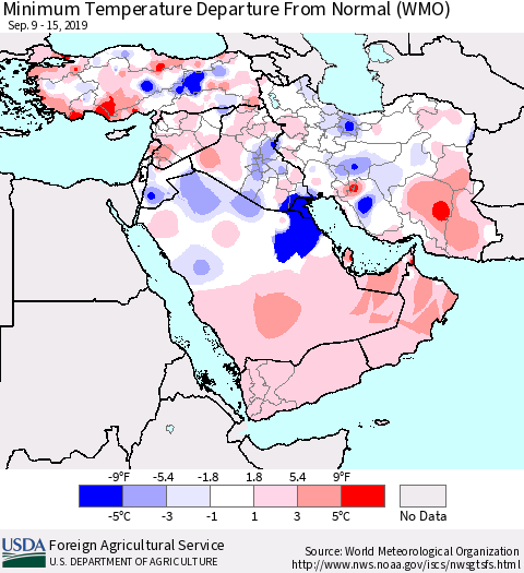 Middle East and Turkey Mean Minimum Temperature Departure from Normal (WMO) Thematic Map For 9/9/2019 - 9/15/2019