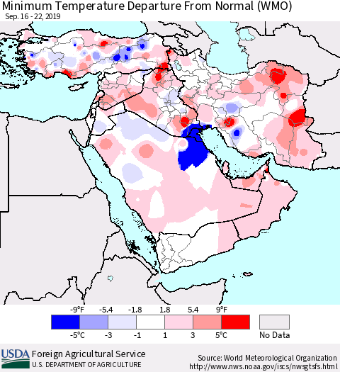 Middle East and Turkey Mean Minimum Temperature Departure from Normal (WMO) Thematic Map For 9/16/2019 - 9/22/2019