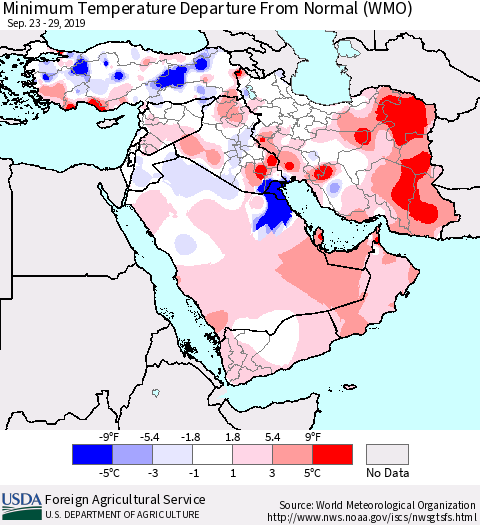 Middle East and Turkey Mean Minimum Temperature Departure from Normal (WMO) Thematic Map For 9/23/2019 - 9/29/2019