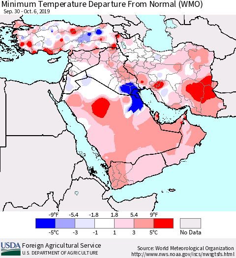 Middle East and Turkey Mean Minimum Temperature Departure from Normal (WMO) Thematic Map For 9/30/2019 - 10/6/2019