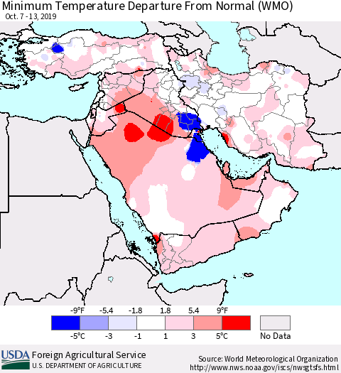 Middle East and Turkey Mean Minimum Temperature Departure from Normal (WMO) Thematic Map For 10/7/2019 - 10/13/2019