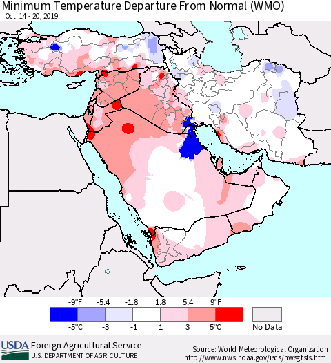 Middle East and Turkey Mean Minimum Temperature Departure from Normal (WMO) Thematic Map For 10/14/2019 - 10/20/2019