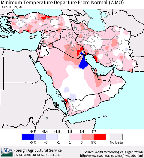 Middle East and Turkey Mean Minimum Temperature Departure from Normal (WMO) Thematic Map For 10/21/2019 - 10/27/2019