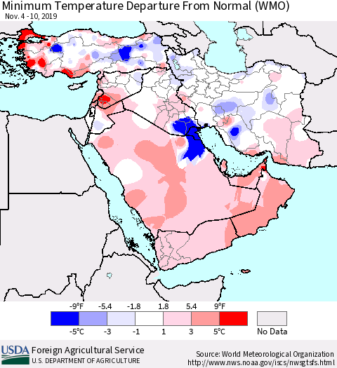 Middle East and Turkey Mean Minimum Temperature Departure from Normal (WMO) Thematic Map For 11/4/2019 - 11/10/2019