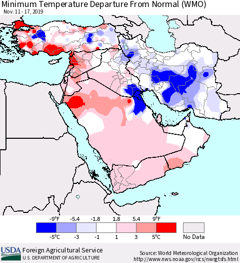 Middle East and Turkey Mean Minimum Temperature Departure from Normal (WMO) Thematic Map For 11/11/2019 - 11/17/2019