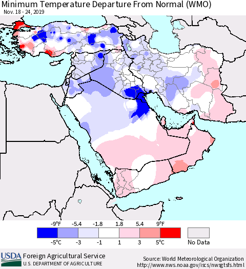 Middle East and Turkey Mean Minimum Temperature Departure from Normal (WMO) Thematic Map For 11/18/2019 - 11/24/2019