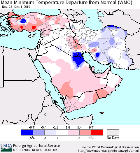 Middle East and Turkey Mean Minimum Temperature Departure from Normal (WMO) Thematic Map For 11/25/2019 - 12/1/2019