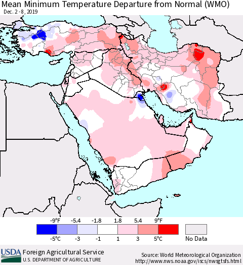 Middle East and Turkey Mean Minimum Temperature Departure from Normal (WMO) Thematic Map For 12/2/2019 - 12/8/2019