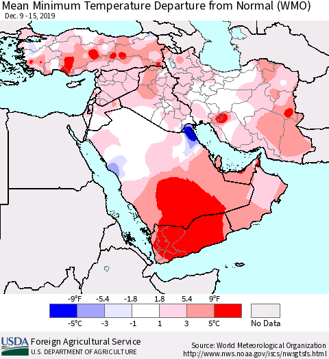 Middle East and Turkey Mean Minimum Temperature Departure from Normal (WMO) Thematic Map For 12/9/2019 - 12/15/2019