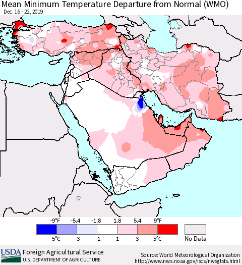Middle East and Turkey Mean Minimum Temperature Departure from Normal (WMO) Thematic Map For 12/16/2019 - 12/22/2019