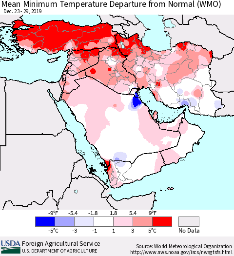 Middle East and Turkey Mean Minimum Temperature Departure from Normal (WMO) Thematic Map For 12/23/2019 - 12/29/2019