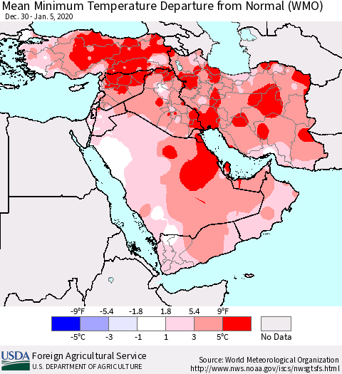 Middle East and Turkey Mean Minimum Temperature Departure from Normal (WMO) Thematic Map For 12/30/2019 - 1/5/2020