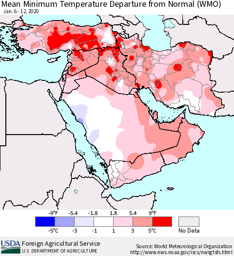 Middle East and Turkey Mean Minimum Temperature Departure from Normal (WMO) Thematic Map For 1/6/2020 - 1/12/2020