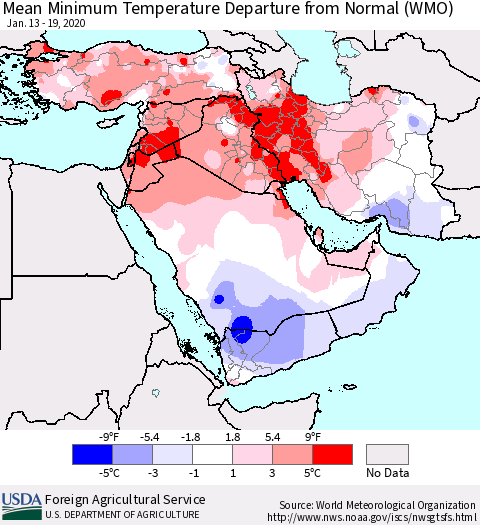 Middle East and Turkey Mean Minimum Temperature Departure from Normal (WMO) Thematic Map For 1/13/2020 - 1/19/2020