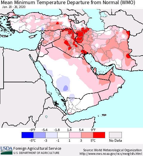 Middle East and Turkey Mean Minimum Temperature Departure from Normal (WMO) Thematic Map For 1/20/2020 - 1/26/2020
