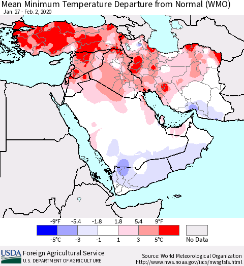 Middle East and Turkey Mean Minimum Temperature Departure from Normal (WMO) Thematic Map For 1/27/2020 - 2/2/2020
